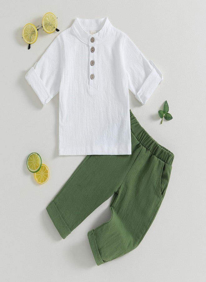 Karuedoo Toddler Baby Boy Clothes Cotton Linen Henley Shirts Button Down Long Sleeve Shirts Casual Pants Set (A-White Green, 18-24 Months) - Image 2